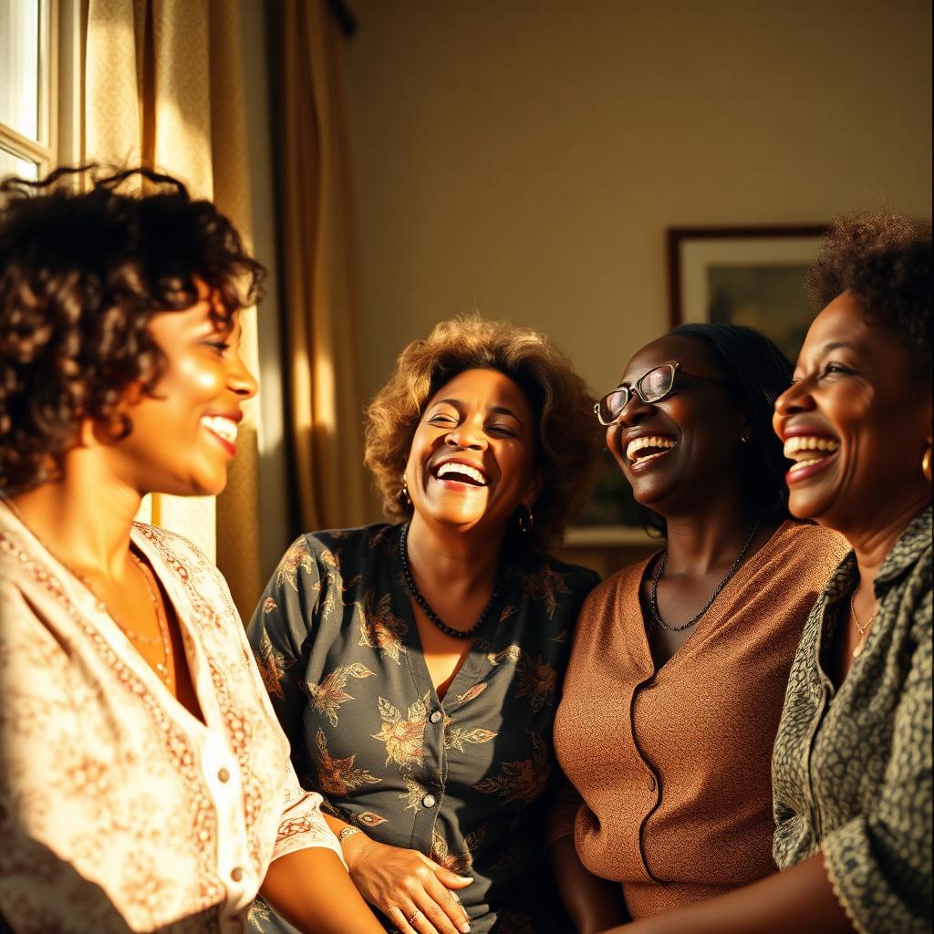 A group of women laughing warmly in a sunlit room