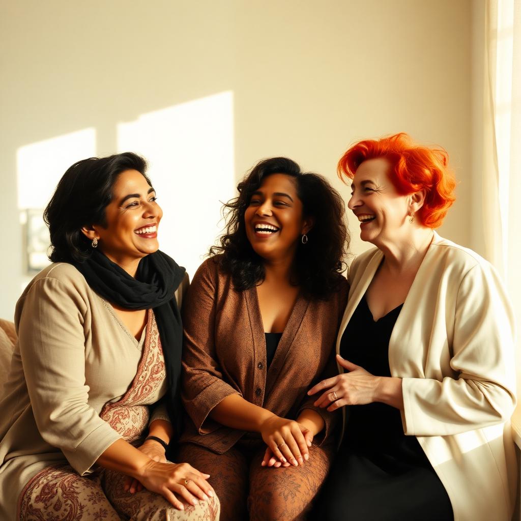 Three women in neutral tones, illuminated by soft daylight